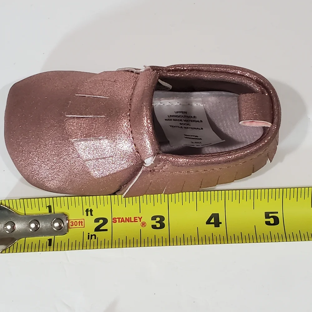 Cat & Jack Faux Leather Rose Pink Sparkle Fringe Moccasin Shoes Size 3-6M NWOT